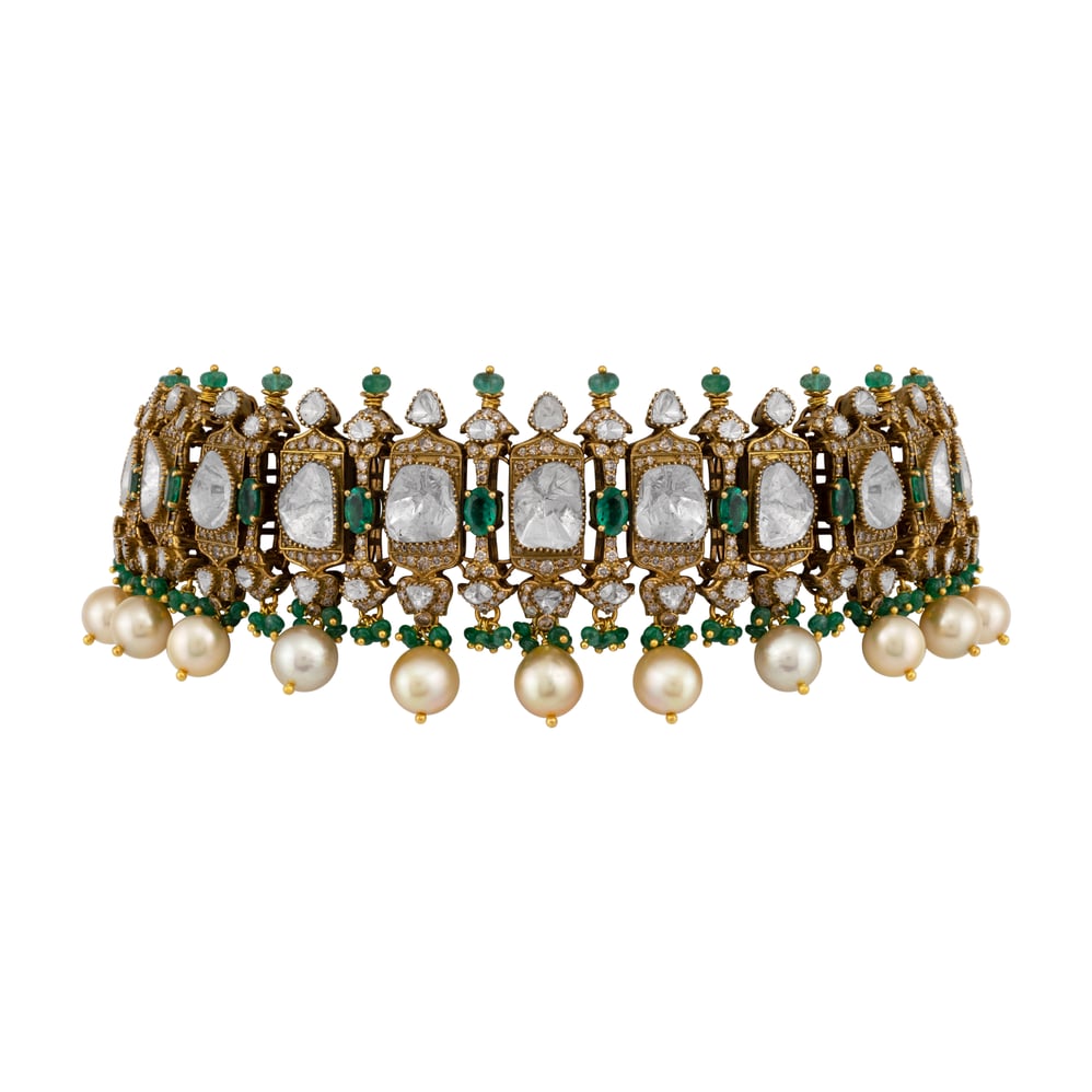 Antique Polki Choker with Emerald and Pearl Fringe